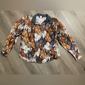 Women's Horse-Print Button-Down Shirt in Brown Multi